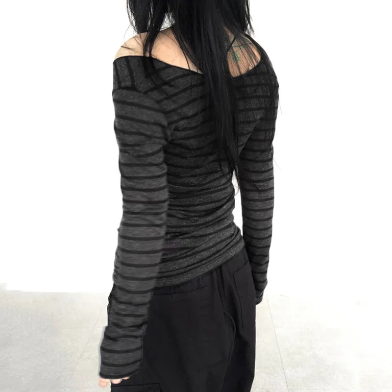 Lamuusaa Grunge Top y2k ropa mujer Cybercore rayas fuera del hombro Camiseta de manga larga 2000s ropa gótica ropa de calle de otoño