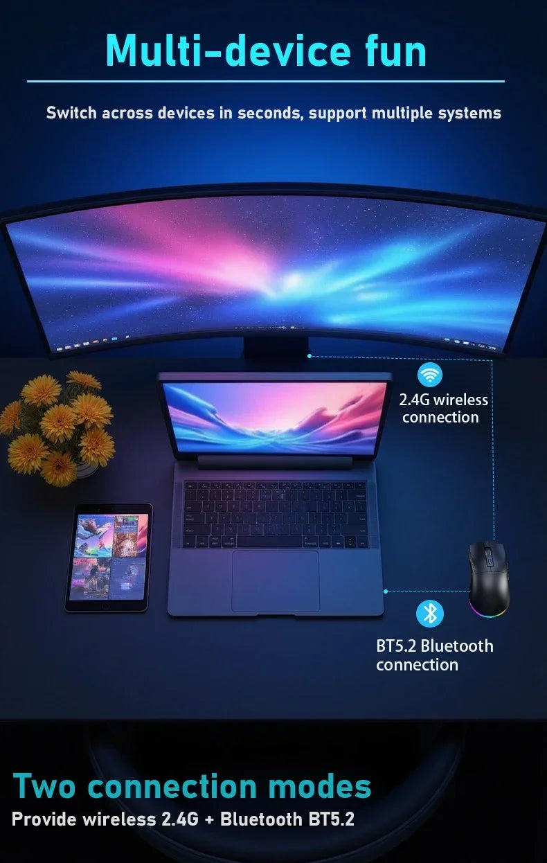 Ratón para Juegos de Última Generación con DPI Ajustable, Recargable, Inalámbrico, con Base de Carga, Bluetooth 2.4G, Modo Dual, RGB, Diseño Ergonómico