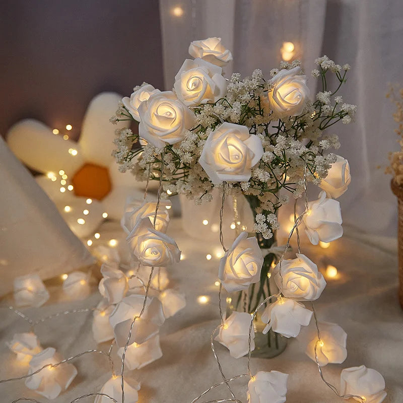 Guirnalda de Luces LED de 3m con 20 Rosas Artificiales, Funciona con Pilas, Decoración para Bodas, Habitaciones, Ramadán, Regalos para el Día de la Madre