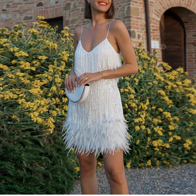 2025 nuevo Sexy borla lentejuelas pluma Mini vestido mujeres Spaghetti Strap costura vestidos mujer elegante vestido de fiesta de noche Club