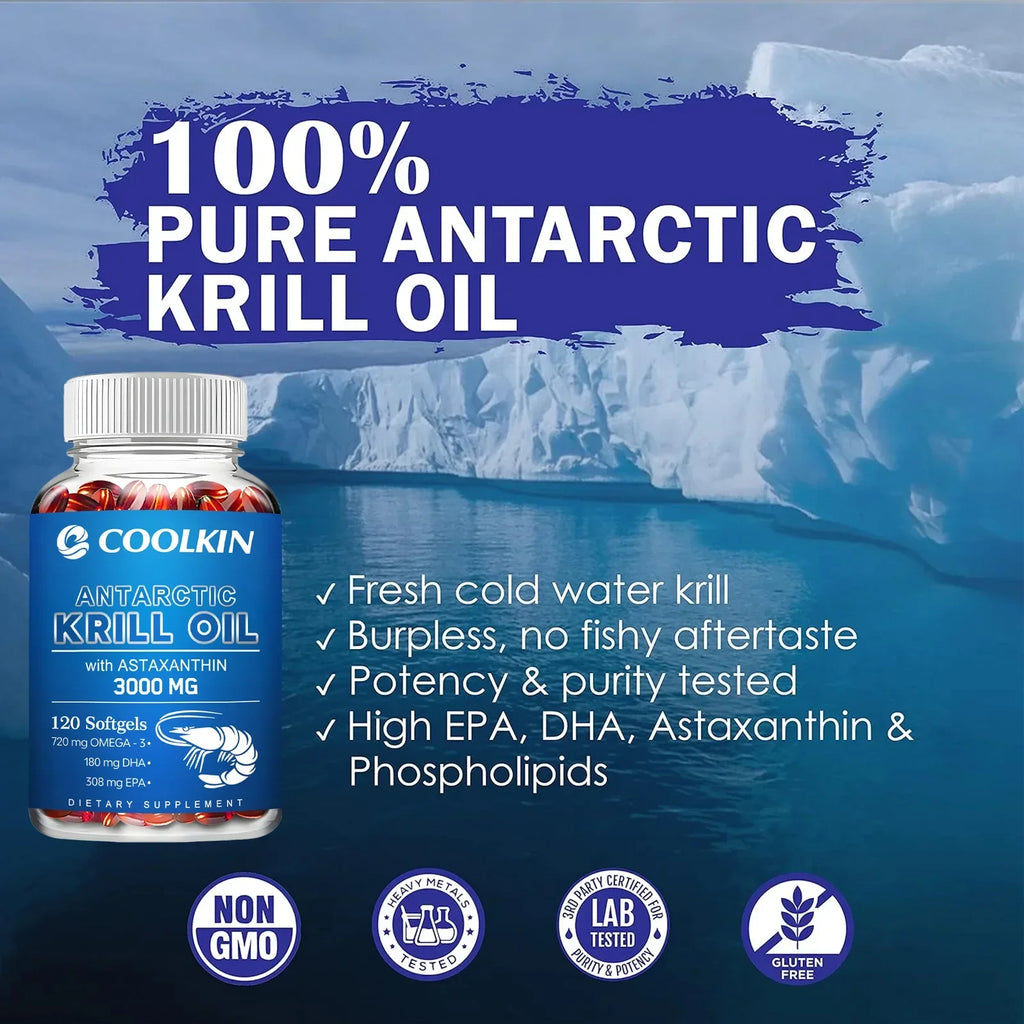Aceite de Krill Antártico 3000mg - Omega-3 EPA, DHA, Astaxantina Natural, Máxima Fuerza para la Salud del Corazón y las Articulaciones