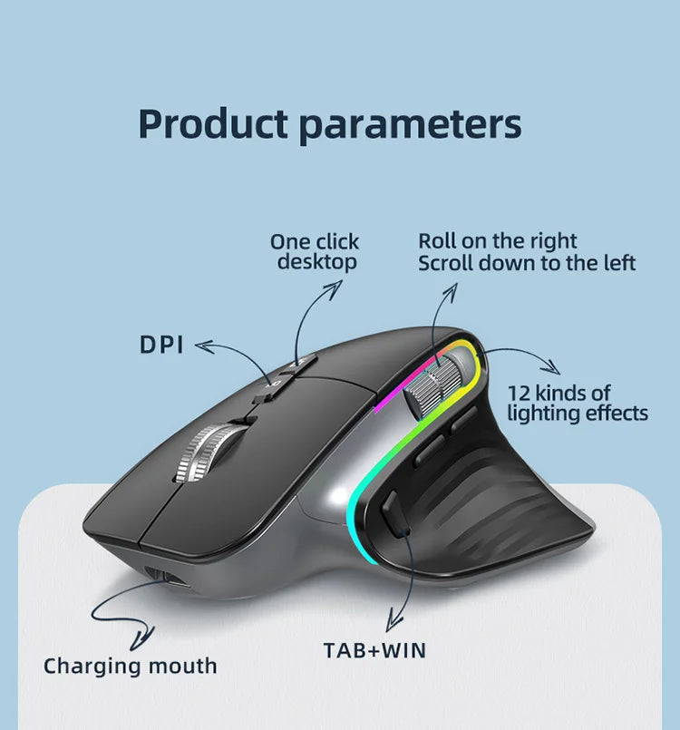 JOMAA-ratón inalámbrico para juegos de ordenador, Mouse negro de 2,4G con Bluetooth, RGB, recargable, diseño ergonómico, para oficina