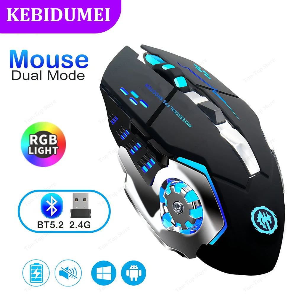 Ratón RGB de modo Dual Bluetooth 5,2, ratón inalámbrico de 2,4G para juegos, ratón silencioso recargable, ratón de 3600 DPI para ordenador portátil