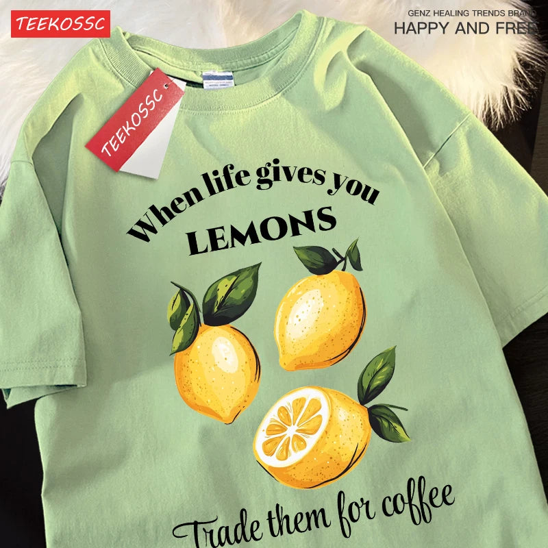 Cuando la vida te donne limones comerciamos tiene café impresiones Retro mujer Camiseta de algodón de moda ropa de Hip Hop suelta Unisex Top