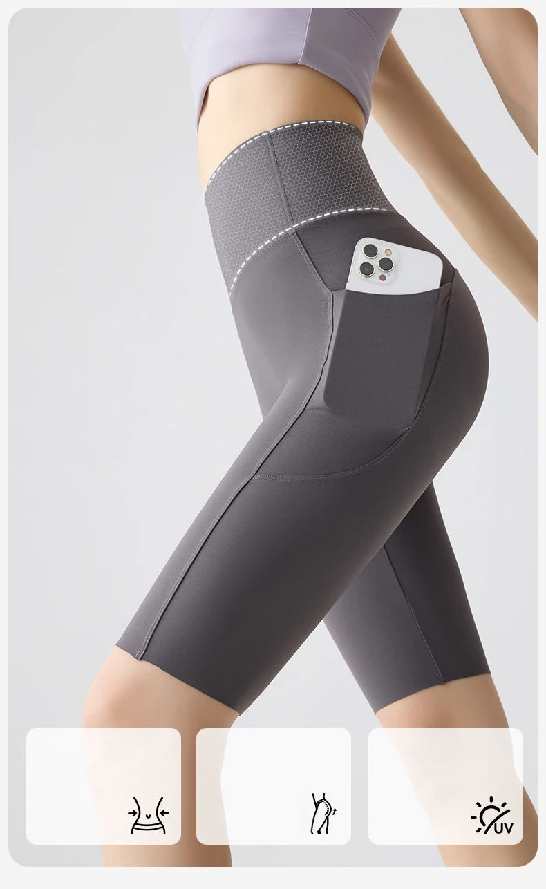 BIVIGAOS, pantalones cortos de verano con bolsillo para Yoga de piel de tiburón para bicicleta, pantalones cortos finos de cintura alta con realce, sensación desnuda, pantalones cortos deportivos para ciclismo y Fitness