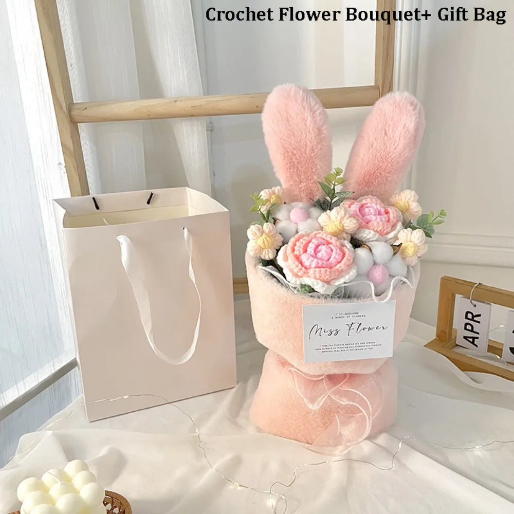 Ramo de flores de ganchillo con orejas de conejo, ramo de flores completo hecho a mano con bolsa de regalo, ramo de rosas de punto creativo para el día de la madre