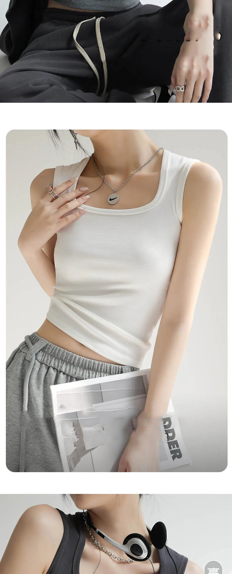 Camiseta sin mangas acanalada con cuello en U para mujer, camisola elástica básica térmica sin mangas, ropa térmica de verano para mujer