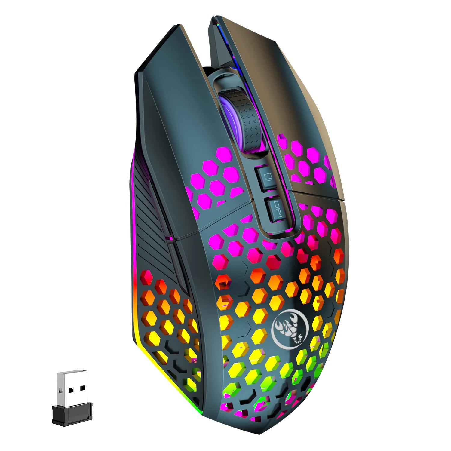Ratón inalámbrico para juegos: diseño ergonómico con iluminación RGB, carga USB tipo C, carcasa de panal, diestro, precisión óptica