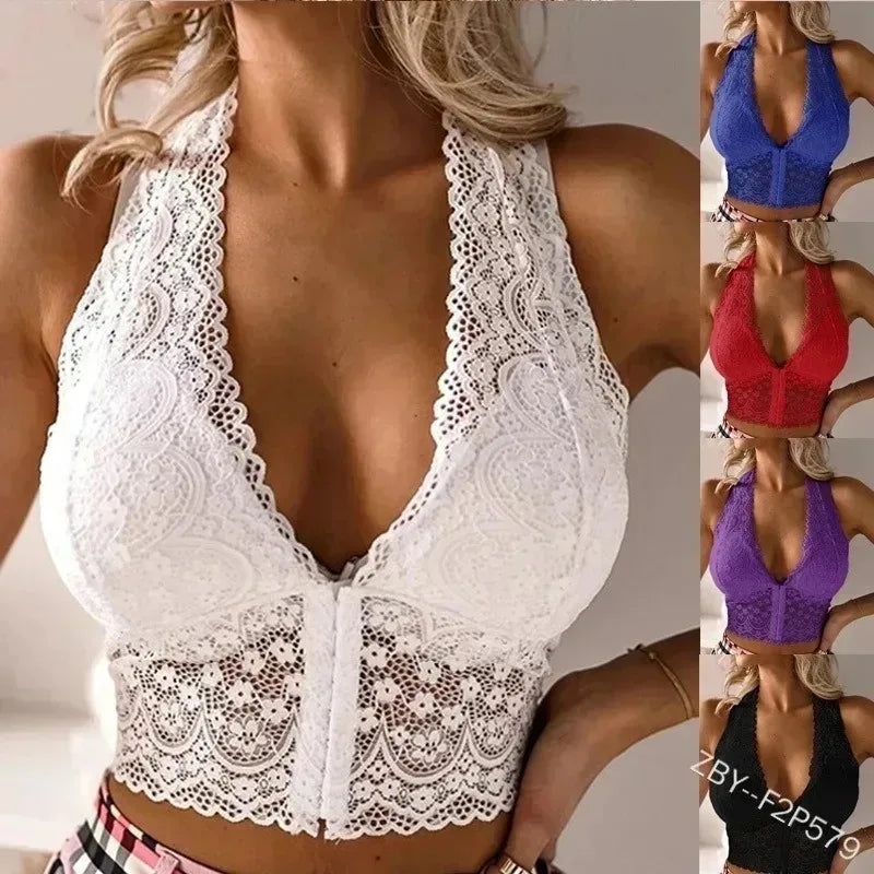 Top corto Sexy de talla grande para mujer, Top corto con escote en V profundo bordado de encaje blanco Y2k, ropa femenina sin mangas de verano