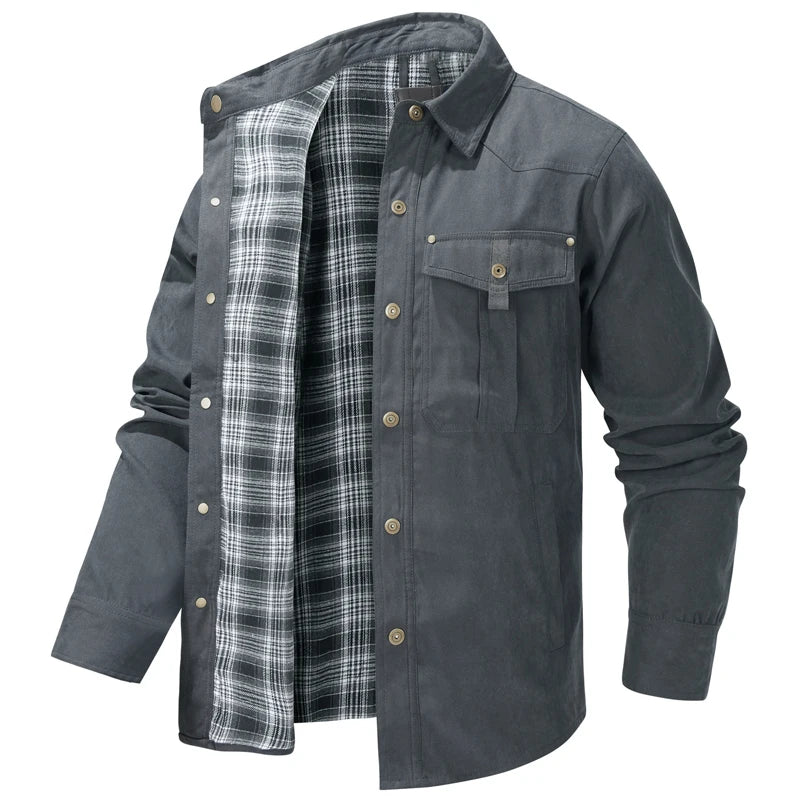 Primavera otoño hombres camisa de franela a cuadros chaqueta Casual hombres Retro solapa algodón camisas cálidas hombres chaqueta cortavientos táctica ropa