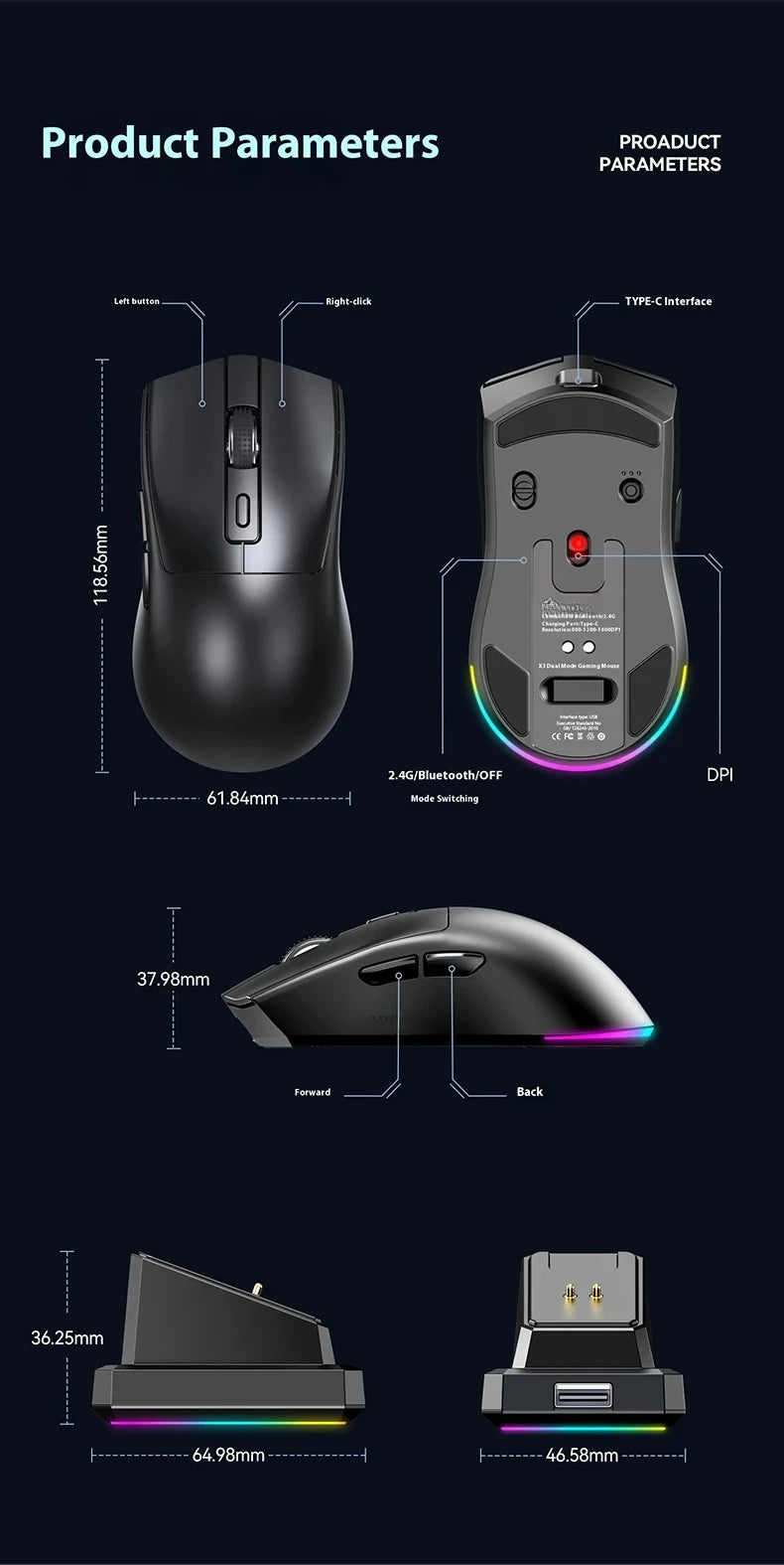 Ratón para Juegos de Última Generación con DPI Ajustable, Recargable, Inalámbrico, con Base de Carga, Bluetooth 2.4G, Modo Dual, RGB, Diseño Ergonómico