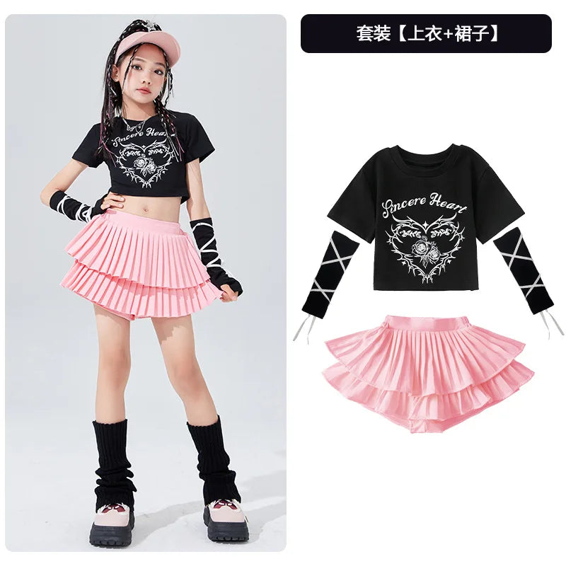 Ropa bonita de Hip Hop para chico, camiseta corta con estampado rosa, mangas, minifalda plisada en capas blancas para niñas, tra