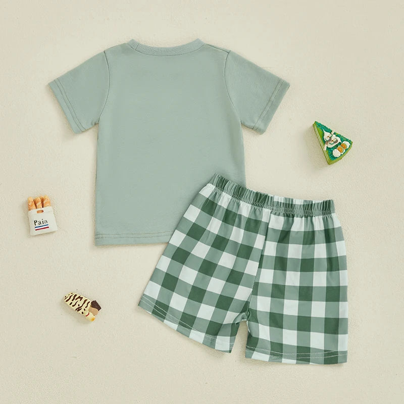 Conjuntos de ropa para el día de la madre, niñas y niños, trajes para niños pequeños, camiseta de manga corta con bordado de letras y pantalones cortos a cuadros, conjuntos de 2 uds.
