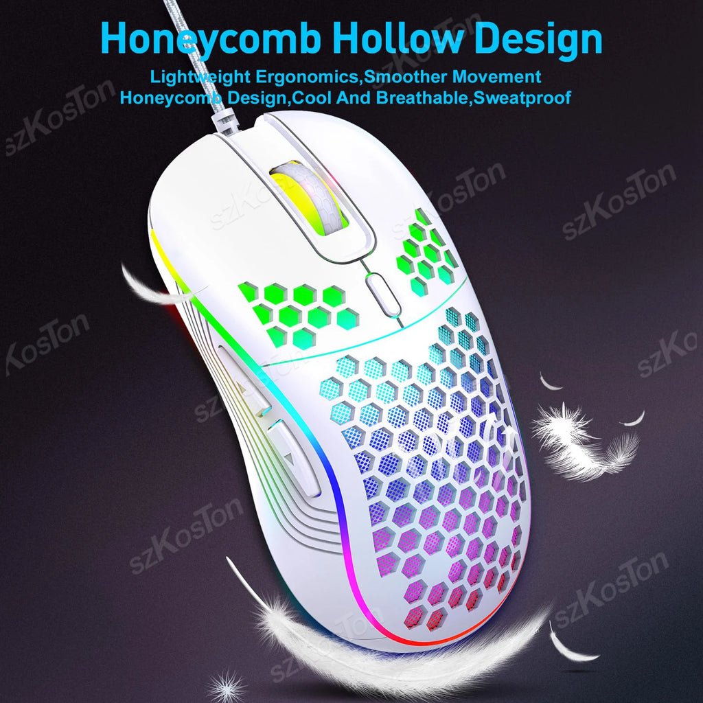 Mouse Gamer con Cable Honeycomb, Retroiluminación RGB, 7200 DPI Ajustables, Ergonómico, USB, para PC con Windows y Gamers de Laptop