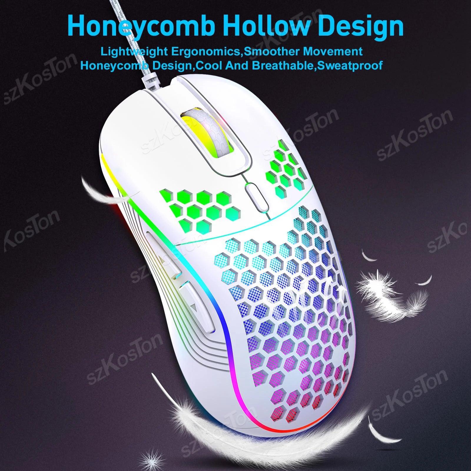 Mouse Gamer con Cable Honeycomb, Retroiluminación RGB, 7200 DPI Ajustables, Ergonómico, USB, para PC con Windows y Gamers de Laptop
