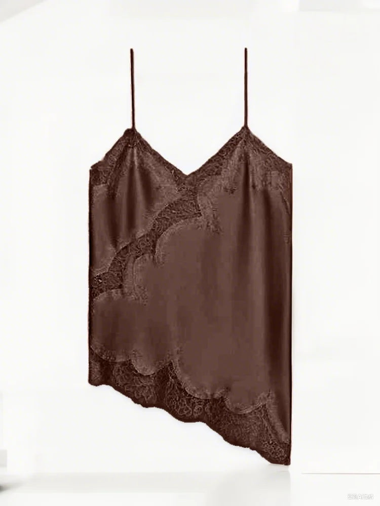 Verano mujeres Halter Top satén encaje empalmado tanque sin espalda cuello profundo Sexy chaleco dobladillo Irregular Vestidos 2025 señora vacaciones Sexy Tops