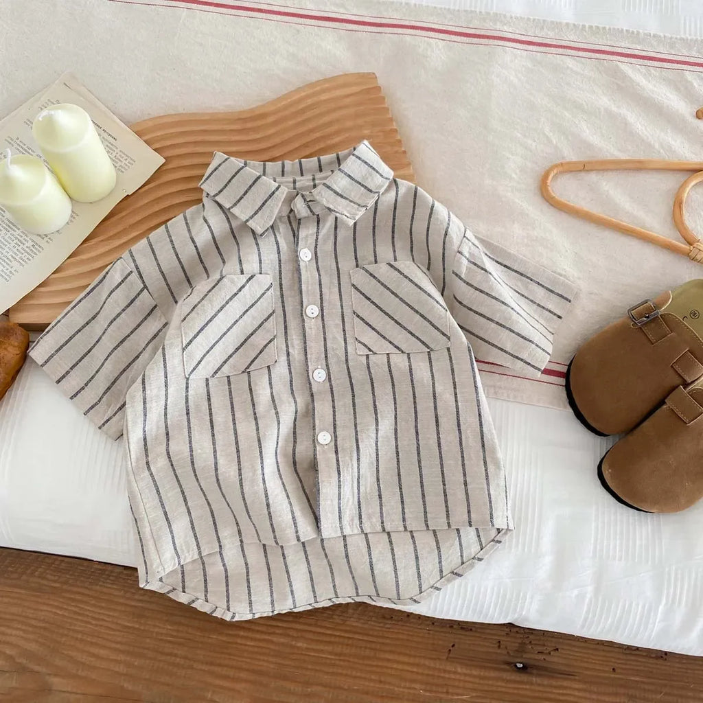 Conjunto de camisa de manga corta a rayas Retro de estilo coreano para niños y niñas pequeñas, traje de moda informal fino de verano para bebés