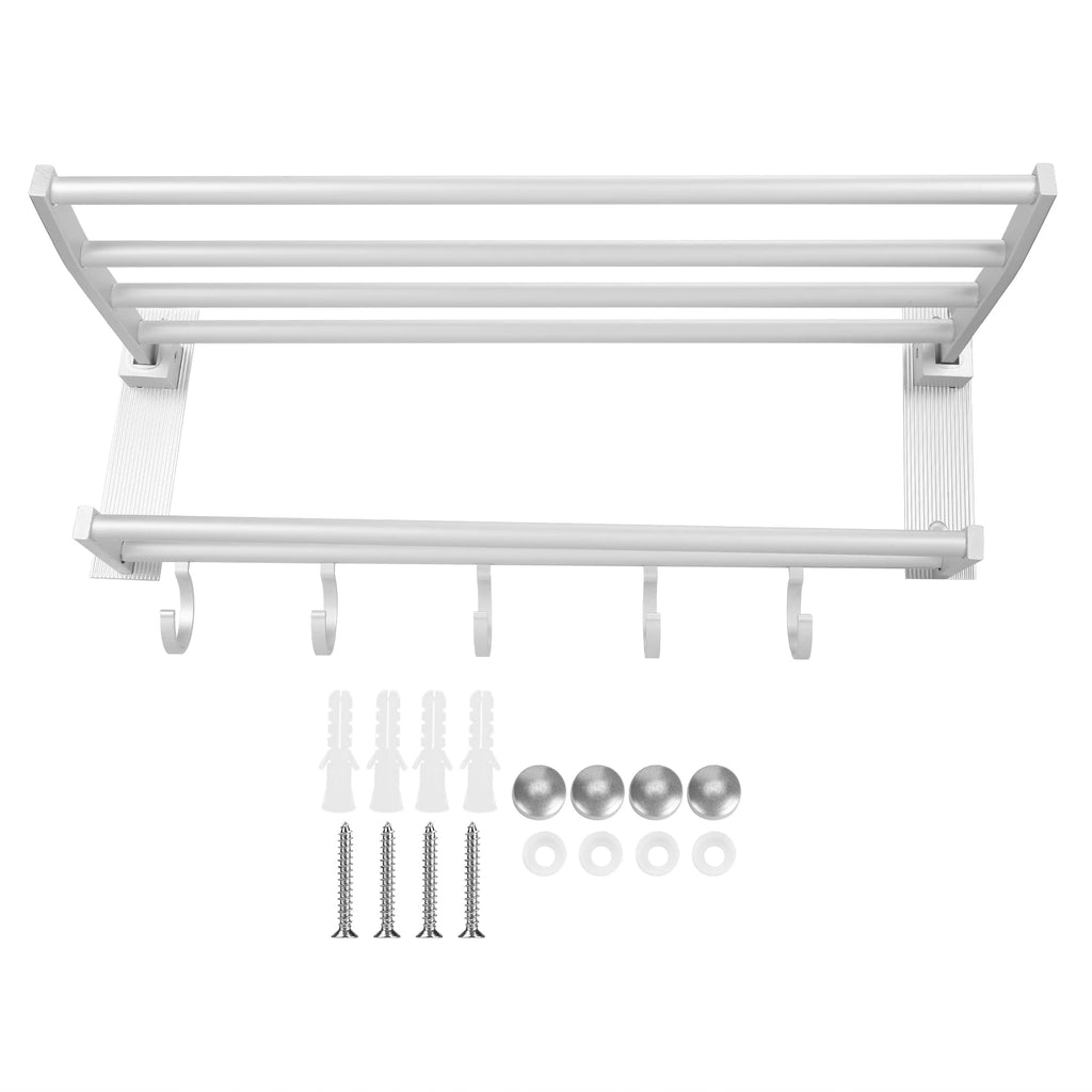 Estante de ducha de 40cm, toallero de baño plegable de aluminio con 5 ganchos, estante de almacenamiento de accesorios de baño plateado, organizador de toallas