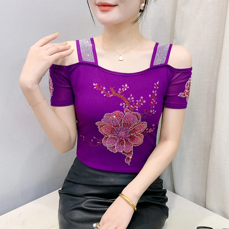 Ropa de calle europea, camiseta de marca para mujer, camisetas ajustadas de manga corta elegantes con diamantes brillantes para mujer