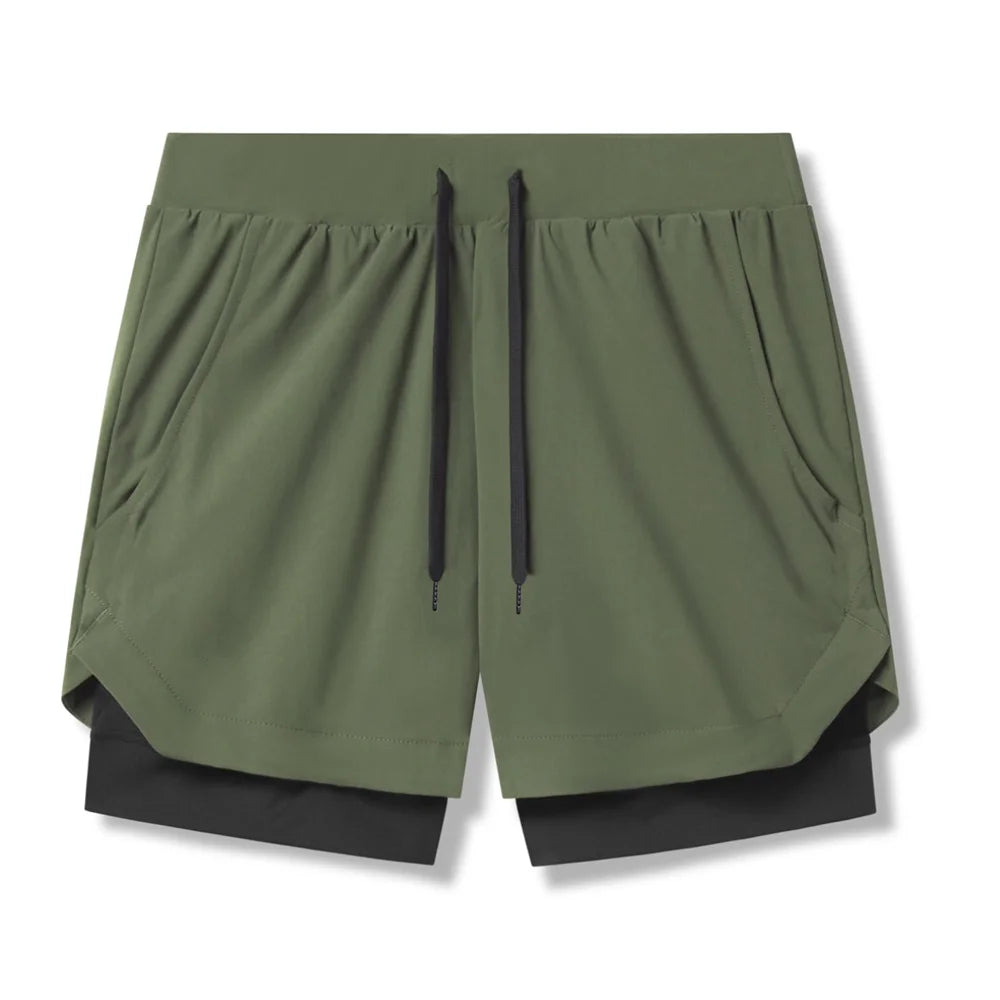 2025 nuevos pantalones cortos deportivos transpirables de doble capa gimnasios Fitness culturismo entrenamiento playa de secado rápido 2 en 1 pantalones cortos para correr para hombre