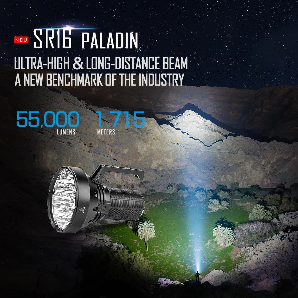 Linterna táctica IMALENT SR16 con 55000 lúmenes de brillo súper brillante, LED CREE XHP50.3 HI, linterna recargable para defensa, largo alcance de hasta 1715 metros, con mango adecuado para caza, búsqueda y emergencias