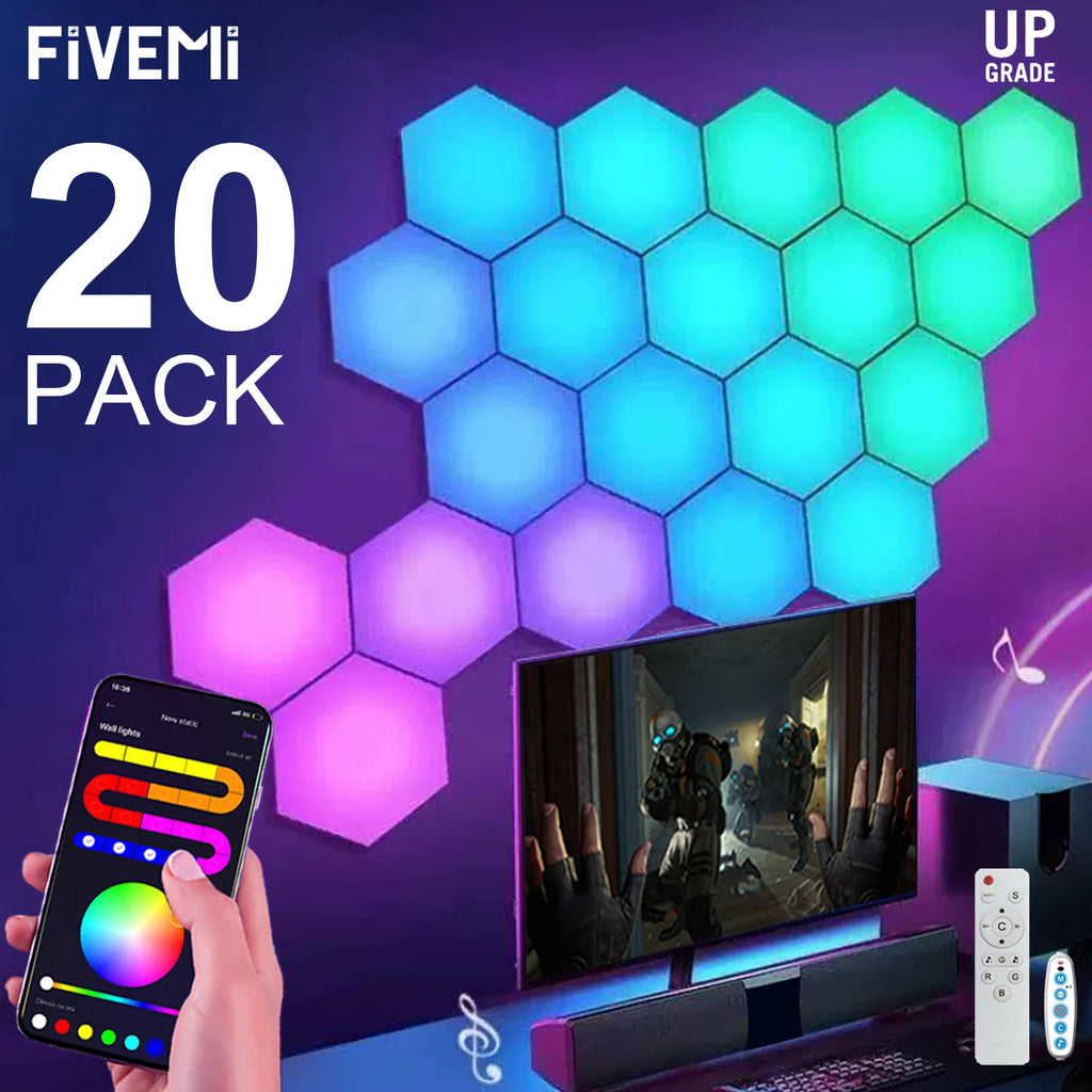Lámpara de pared Hexagonal inteligente Fivemi RGB, luz nocturna ambiental que cambia de Color, Hexagonal DYI, ritmo musical, Control por aplicación, sala de juegos y dormitorio