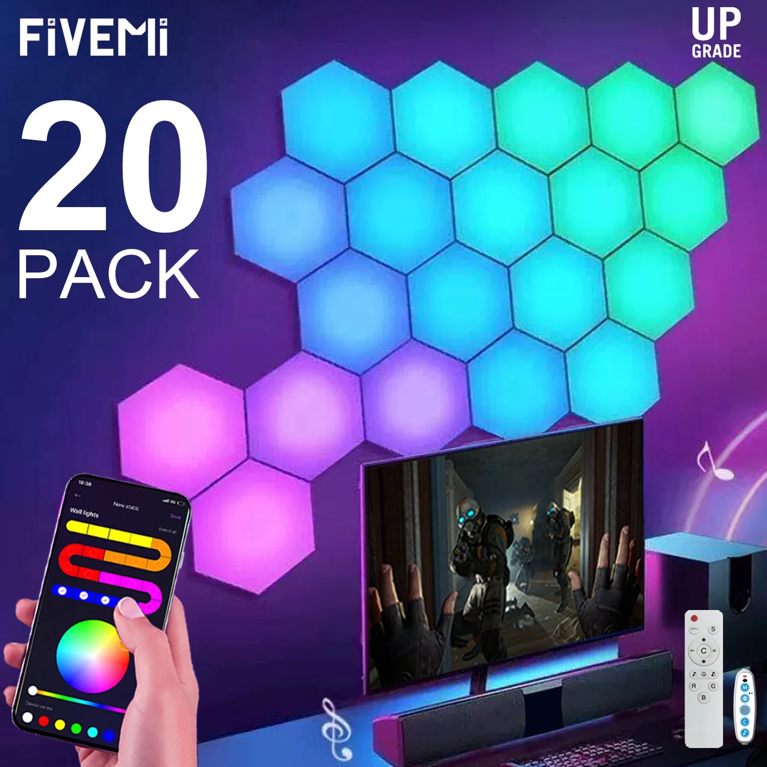 Lámpara de pared Hexagonal inteligente Fivemi RGB, luz nocturna ambiental que cambia de Color, Hexagonal DYI, ritmo musical, Control por aplicación, sala de juegos y dormitorio