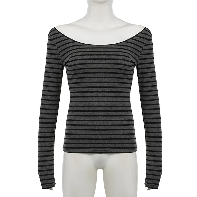 Lamuusaa Grunge Top y2k ropa mujer Cybercore rayas fuera del hombro Camiseta de manga larga 2000s ropa gótica ropa de calle de otoño