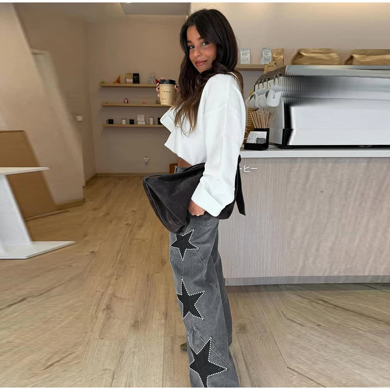 Pantalones vaqueros elegantes con decoración de perlas para mujer, pantalones de pierna ancha de cintura alta, ropa de calle nueva de moda, pantalones de lujo 2025