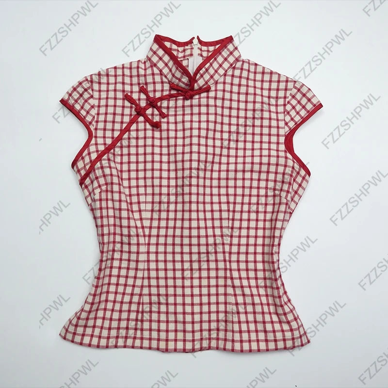 Camiseta de estilo chino moda high street Y2K chica de humor millenario botón gótico moda retro a cuadros tops de manga corta para mujer