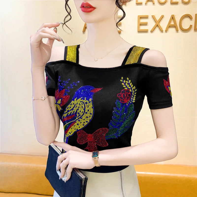 Ropa de calle europea, camiseta de marca para mujer, camisetas ajustadas de manga corta elegantes con diamantes brillantes para mujer