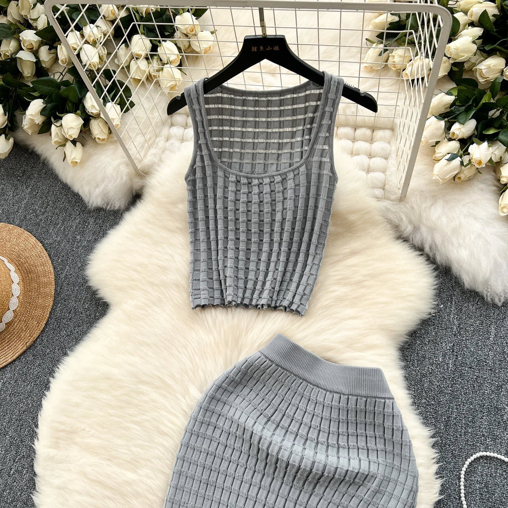 Conjunto de falda de moda de verano para mujer, camisetas sin mangas Sexy, cintura alta, Saya larga delgada, trajes de dos piezas, ropa de punto sólida