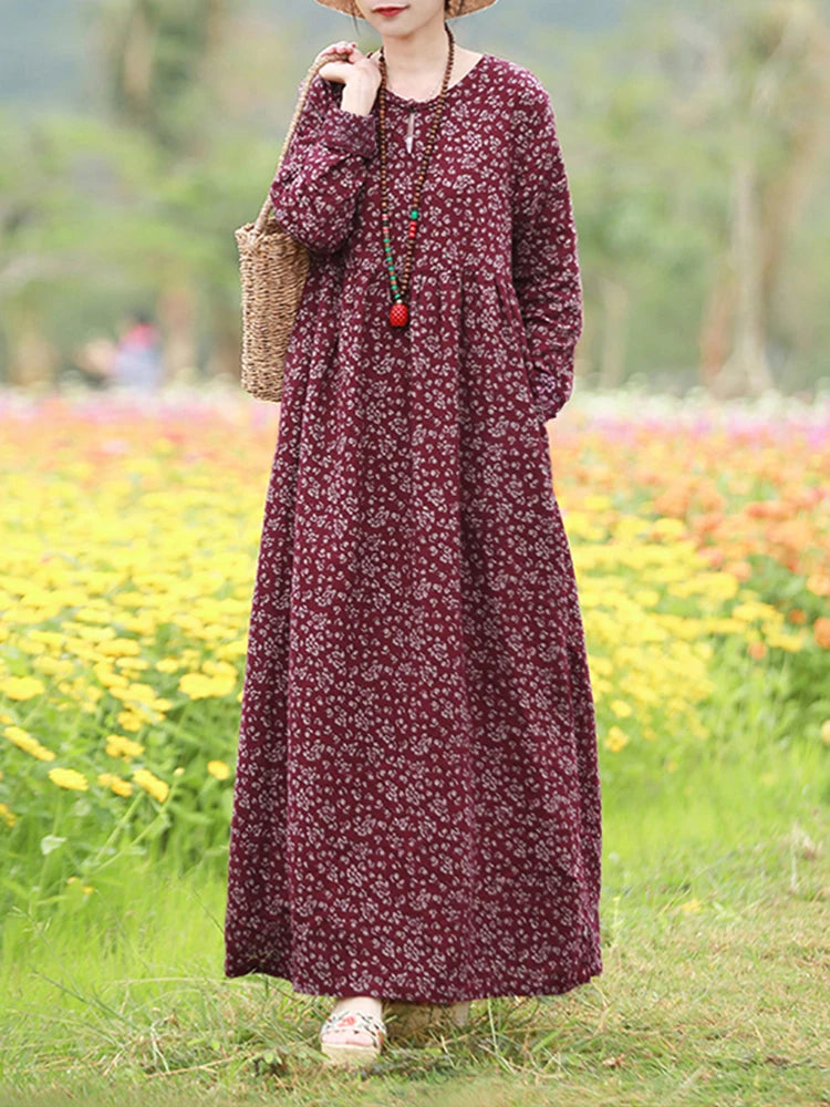 Vestido Floral Vintage mujer 2025 ZANZEA otoño Vestidos largos bohemios Casual manga larga Maxi Vestidos bata suelta Mujer de gran tamaño