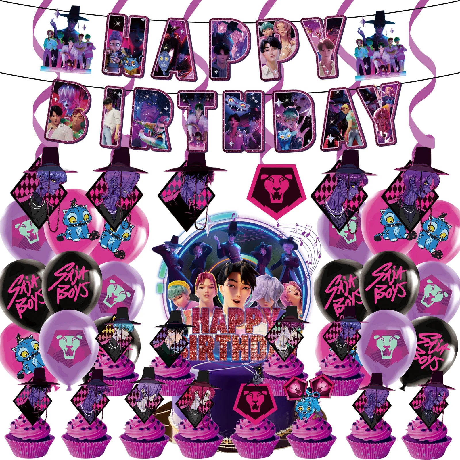 Vajilla desechable para fiesta temática de cazadores de demonios k-pop, plato con bandera de cazador, globo, decoración de cazadores, suministros para fiesta de cumpleaños