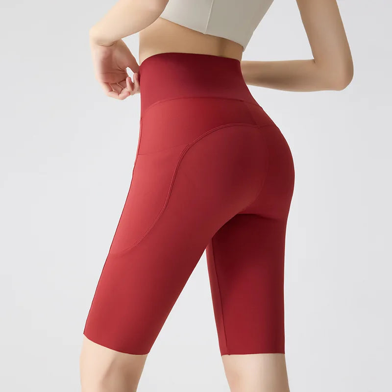 BIVIGAOS, pantalones cortos de verano con bolsillo para Yoga de piel de tiburón para bicicleta, pantalones cortos finos de cintura alta con realce, sensación desnuda, pantalones cortos deportivos para ciclismo y Fitness