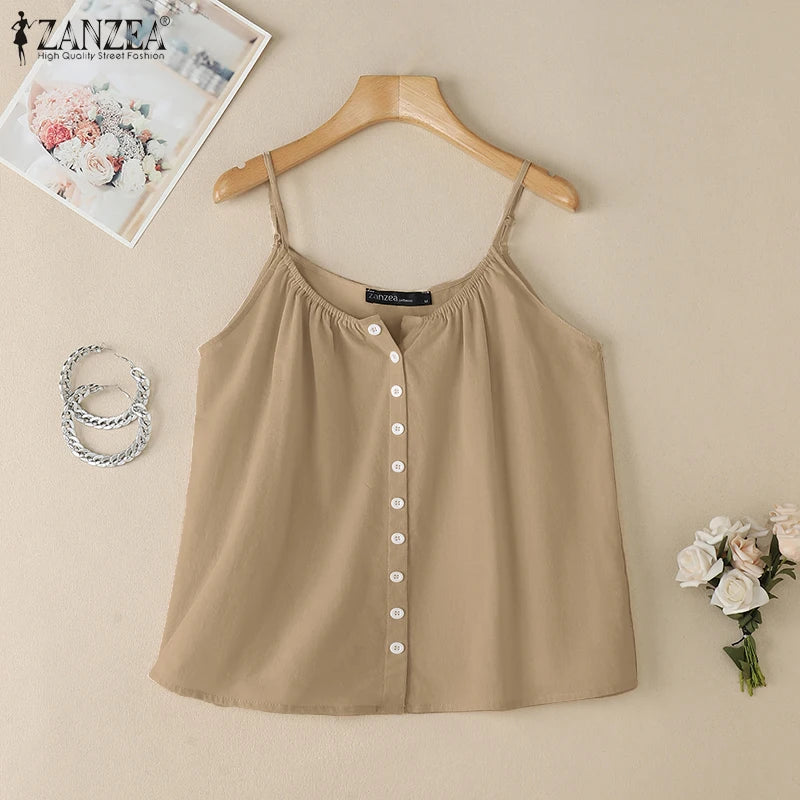 2025 camisetas sin mangas de verano para mujer ZANZEA moda Spaghetti Strap Blusa de algodón Casual suelta sólida playa Camis sin mangas camisa de vacaciones