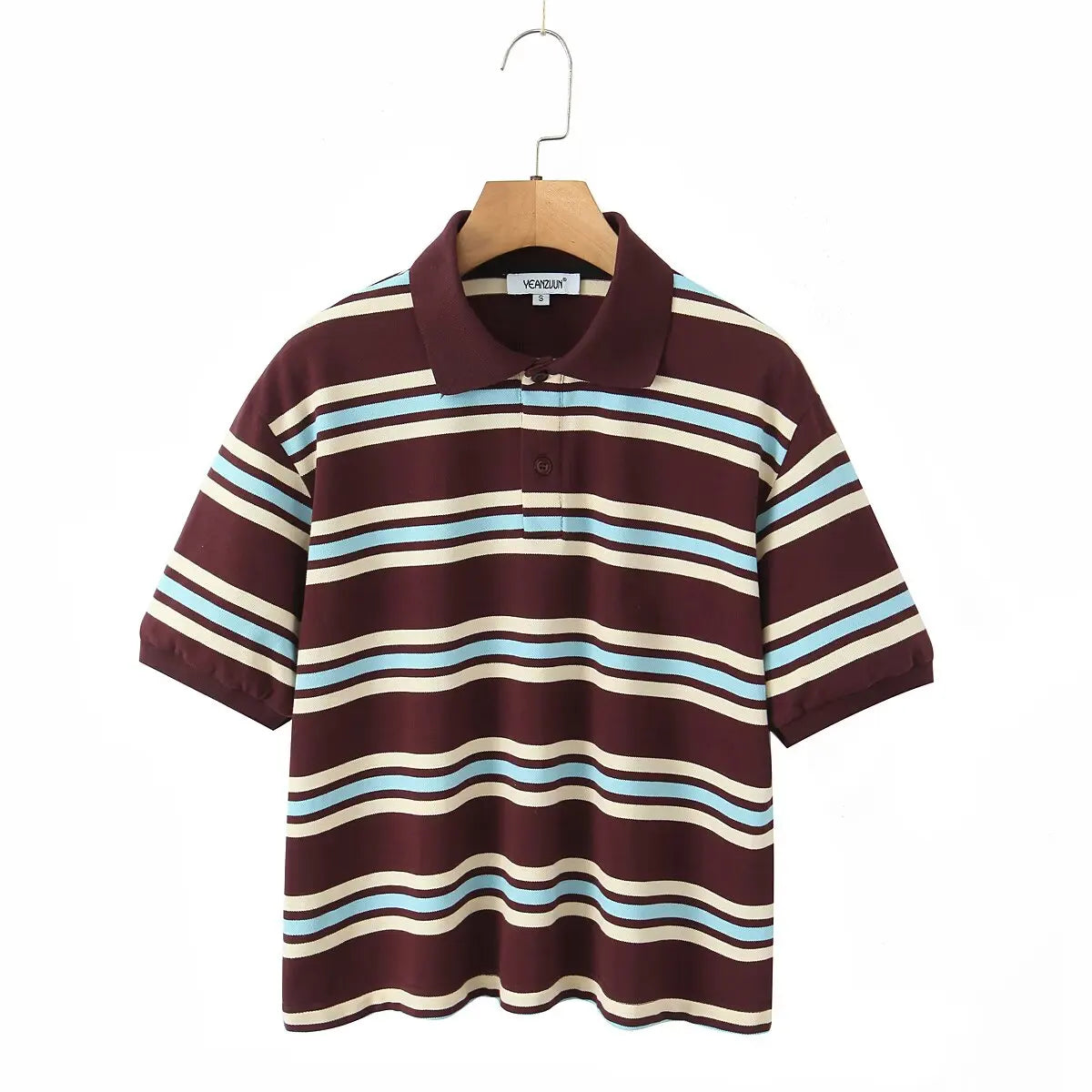 Polos de verano para Mujer, pantalones cortos de manga corta a rayas marrones, ropa Vintage, Polos para Mujer, ropa de calle, Tops cortos informales