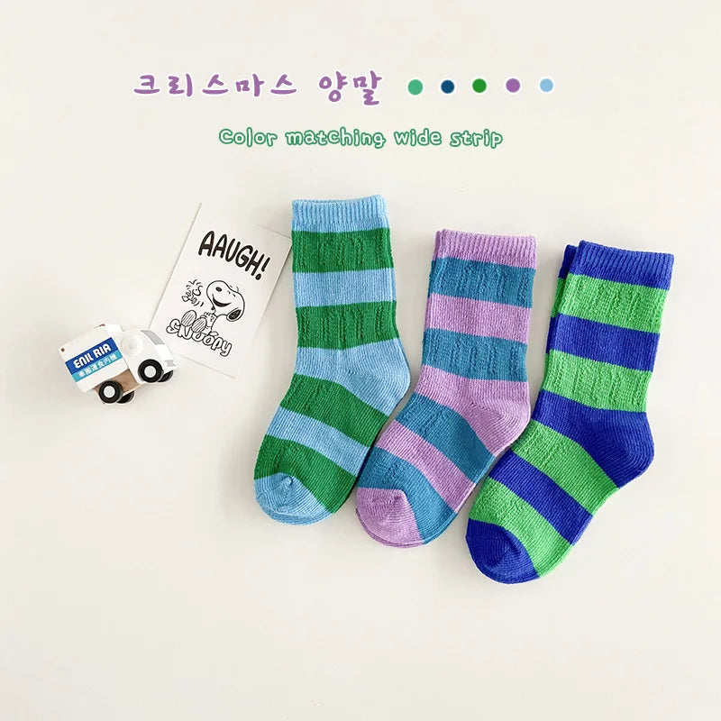 Horetong, 3 par/lote, calcetines de verano para niños de 1 a 12 años, calcetines de algodón a la moda para bebés, calcetines transpirables a rayas con contraste de colores