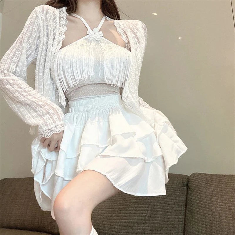 Camisola Sexy con cuello Halter y borlas para mujer, camiseta sin mangas ajustada de Color sólido