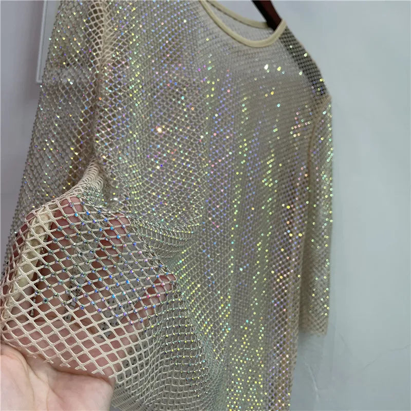 ColorShiny Diamonds-Camiseta básica de sílabas eléctricas para mujer, Top ajustado de cristal con cuello redondo, media manga, Sexy, para fiesta y Club