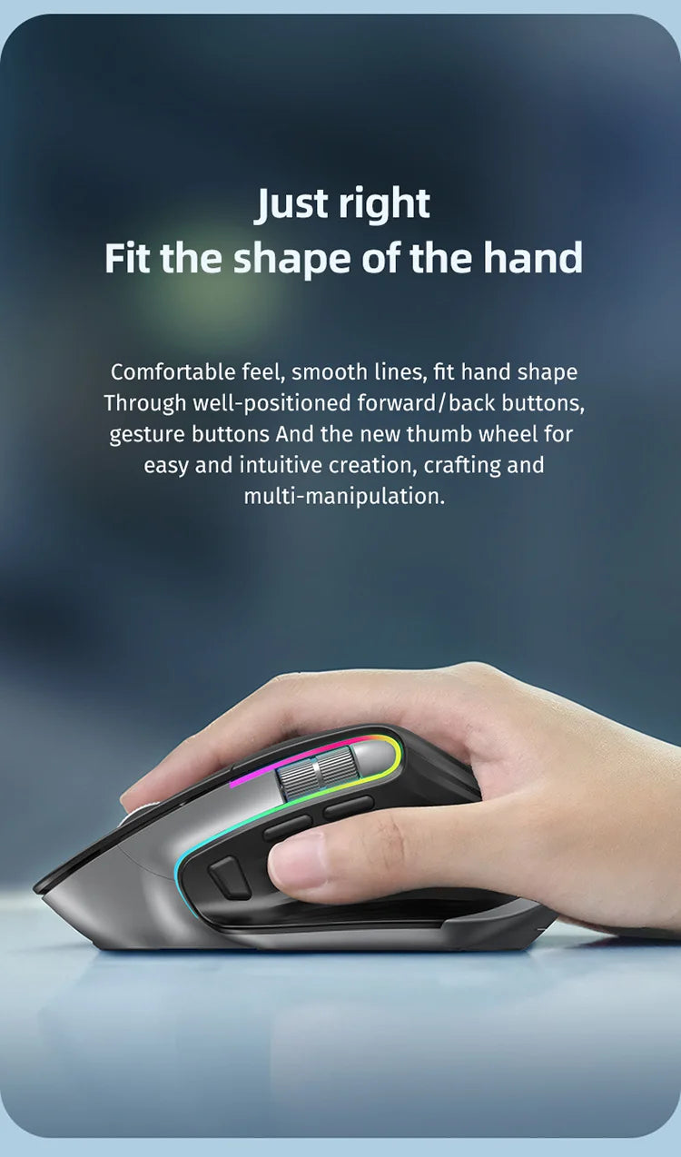 JOMAA-ratón inalámbrico para juegos de ordenador, Mouse negro de 2,4G con Bluetooth, RGB, recargable, diseño ergonómico, para oficina