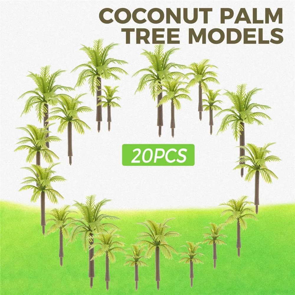 20 piezas Mini árboles modelo de palma de coco 3/4, 5/5,5/7cm plástico Artificial selva Diorama edificio ferrocarril DIY Micro juguetes de diseño