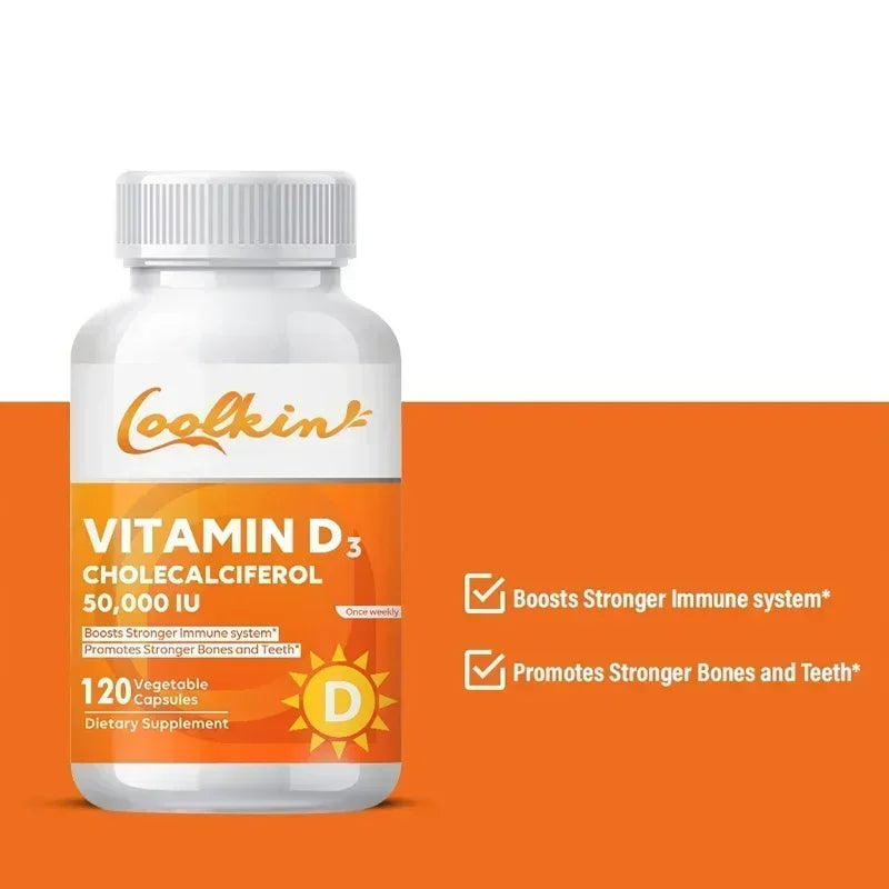 Vitamina D3 50000IU: salud muscular, huesos fuertes y salud del sistema nervioso, apoyo a la inmune