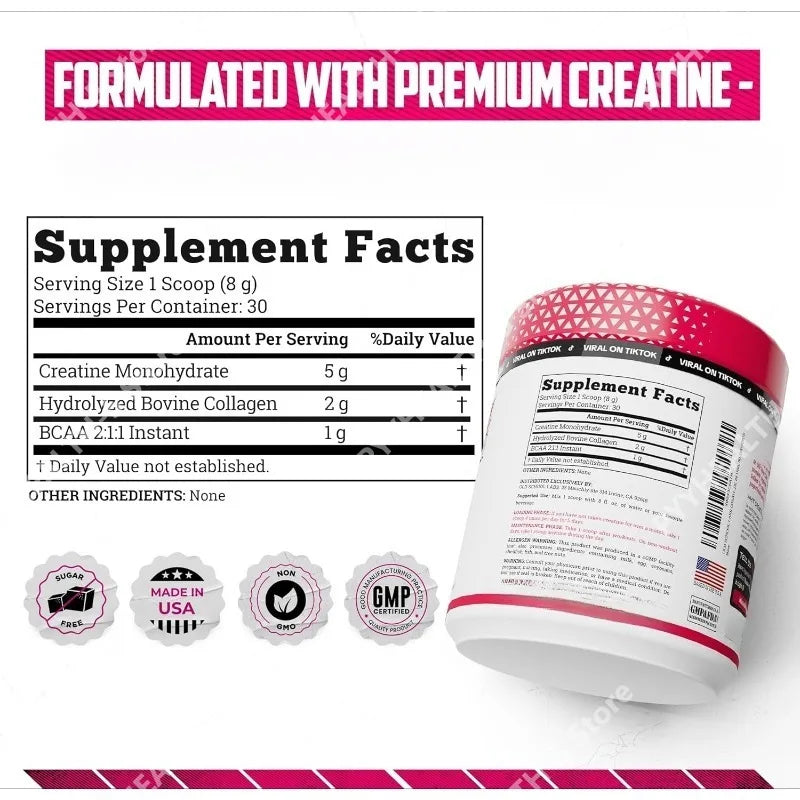 Creatina para Mujeres, Suplemento Post-Entrenamiento - 5000mg de Creatina, 2000mg de Colágeno Bovino Hidrolizado para el Crecimiento Muscular Magro