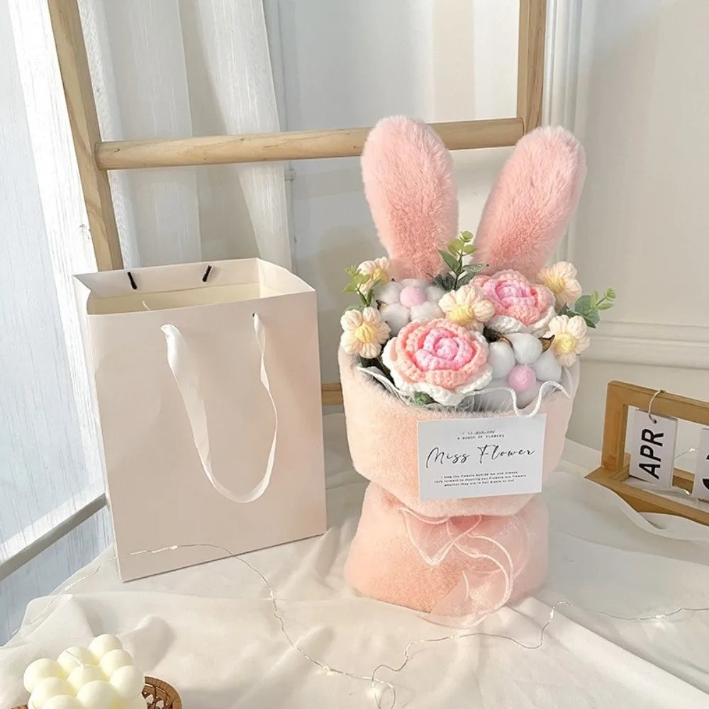Ramo de flores de ganchillo con orejas de conejo, ramo de flores completo hecho a mano con bolsa de regalo, ramo de rosas de punto creativo para el día de la madre