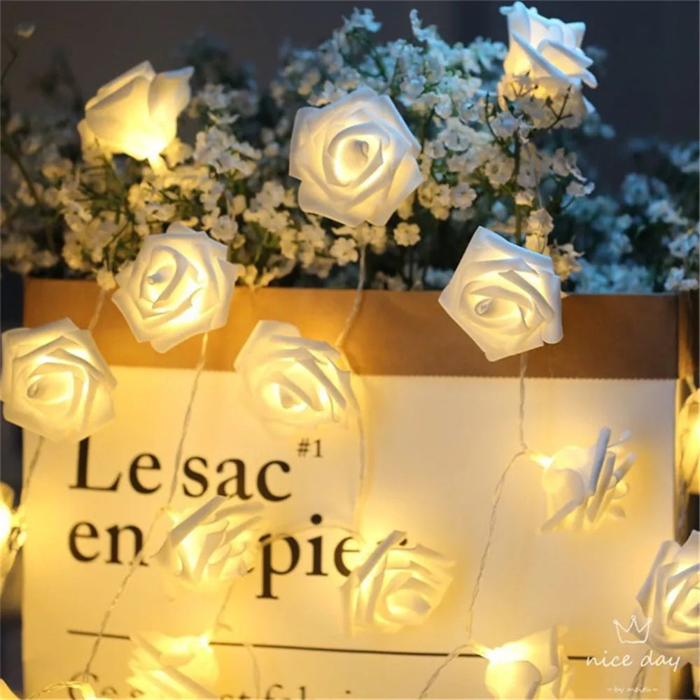 Guirnalda de Luces LED de 3m con 20 Rosas Artificiales, Funciona con Pilas, Decoración para Bodas, Habitaciones, Ramadán, Regalos para el Día de la Madre