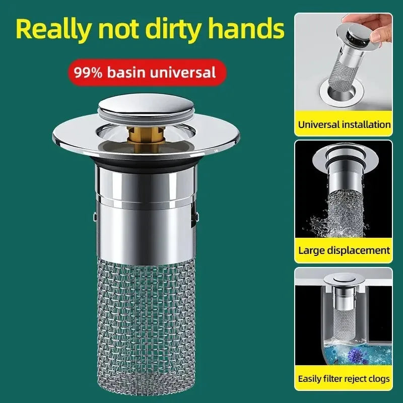 Tapón de fuga para lavabo de acero inoxidable con núcleo rebotante antiolor, tapón de desagüe a presión para fregadero, accesorio universal para lavabo, instalación fácil, anti‑catarata, duradero, premium topplus 202