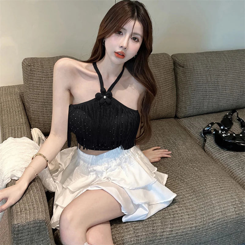 Camisola Sexy con cuello Halter y borlas para mujer, camiseta sin mangas ajustada de Color sólido