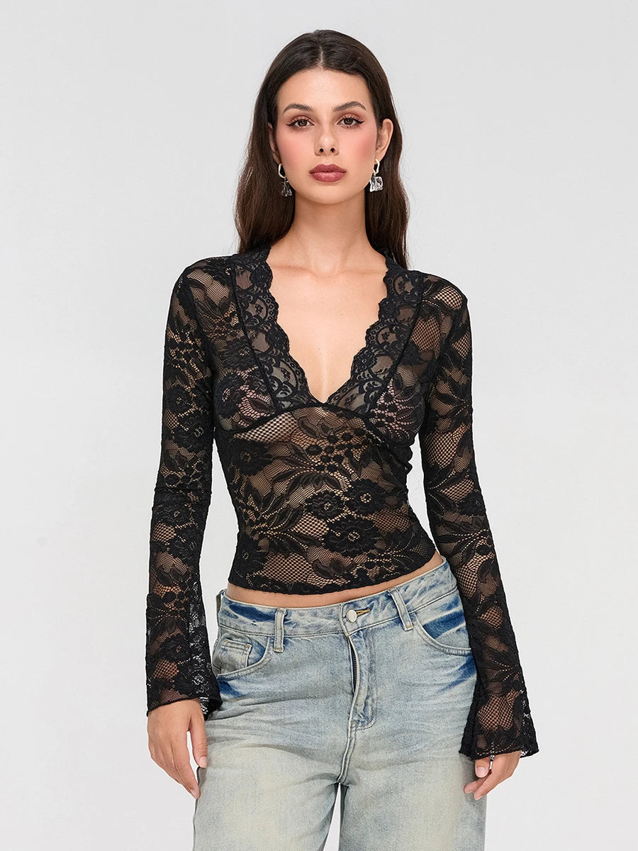 Cativante nueva camiseta corta de encaje a la moda Vintage de verano para mujer, camiseta ajustada Floral de encaje transparente de manga larga acampanada, ropa diaria