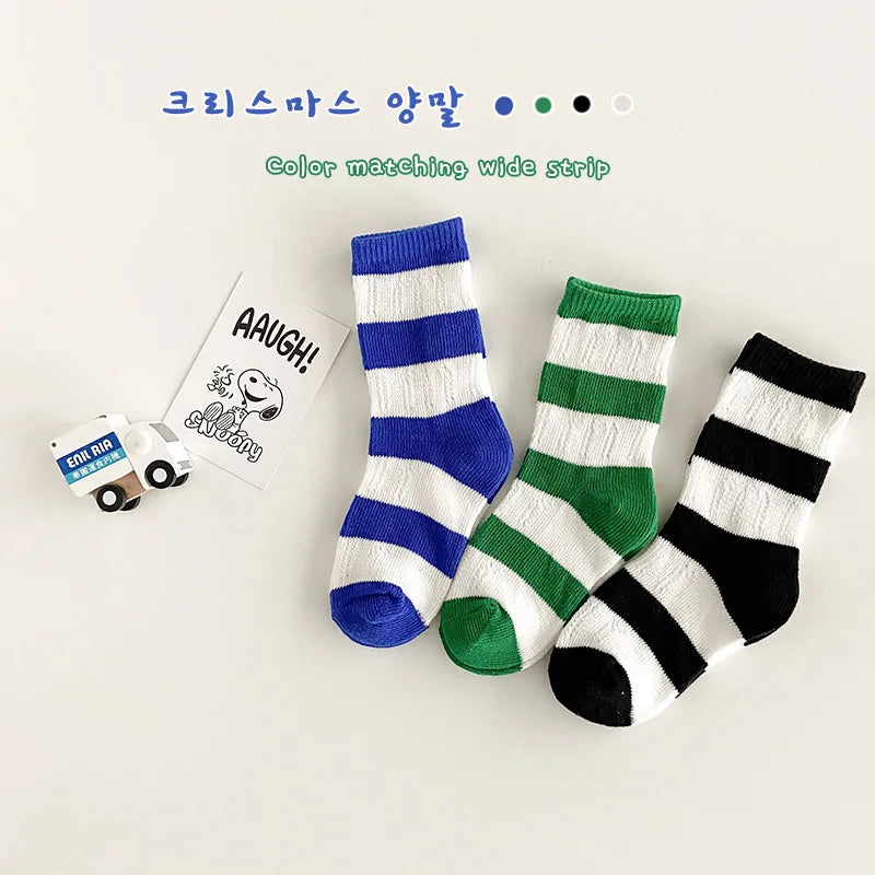Horetong, 3 par/lote, calcetines de verano para niños de 1 a 12 años, calcetines de algodón a la moda para bebés, calcetines transpirables a rayas con contraste de colores